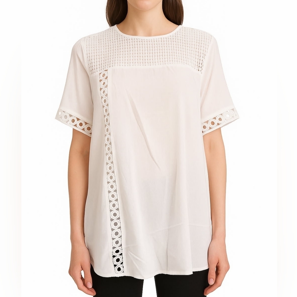 After Market Blouse Short Sleeve Crochet Round Neck Pullover White Size M💞